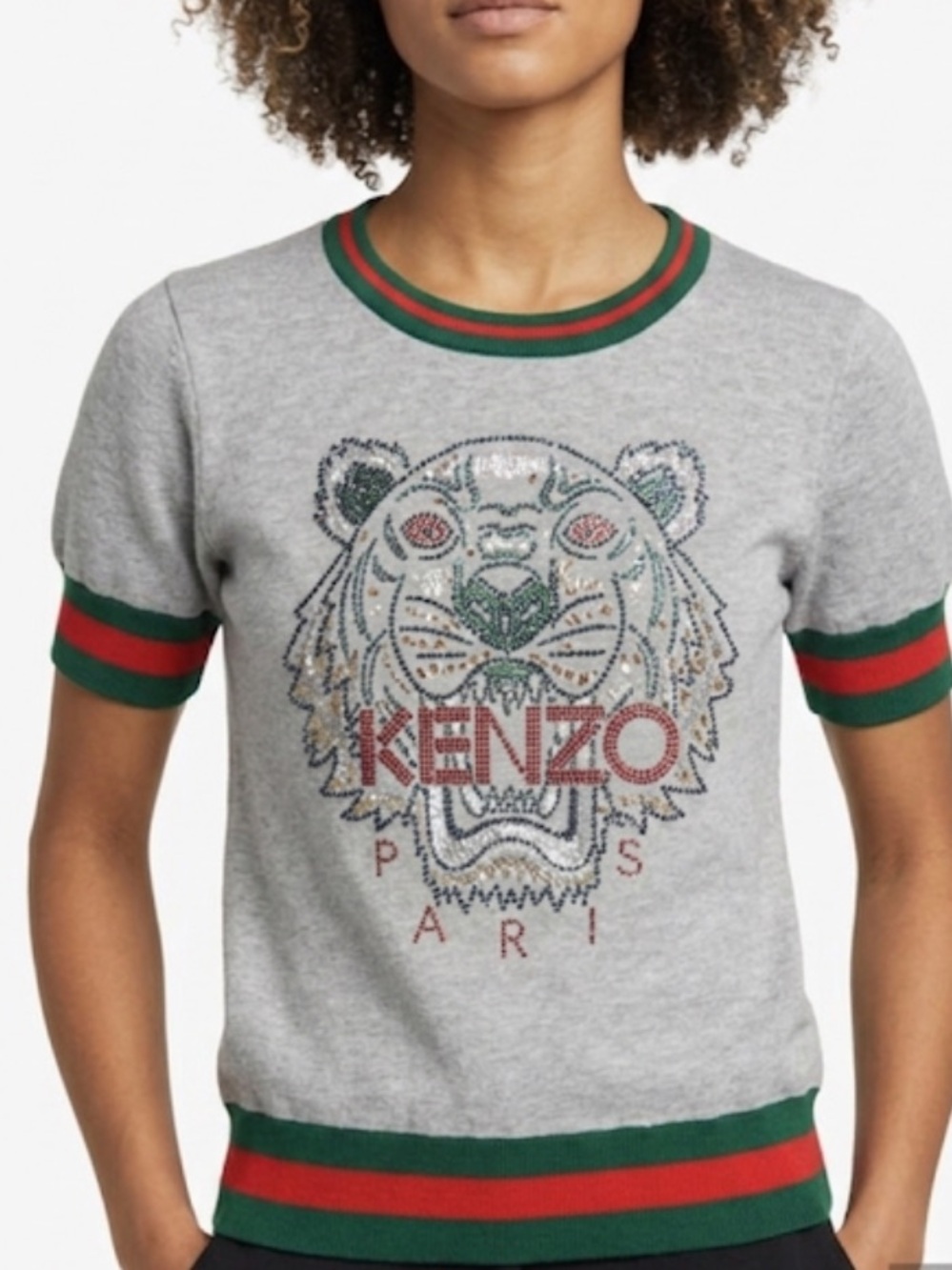Kenzo Gray Sweater with Embellished Tiger and Red-Green Trim